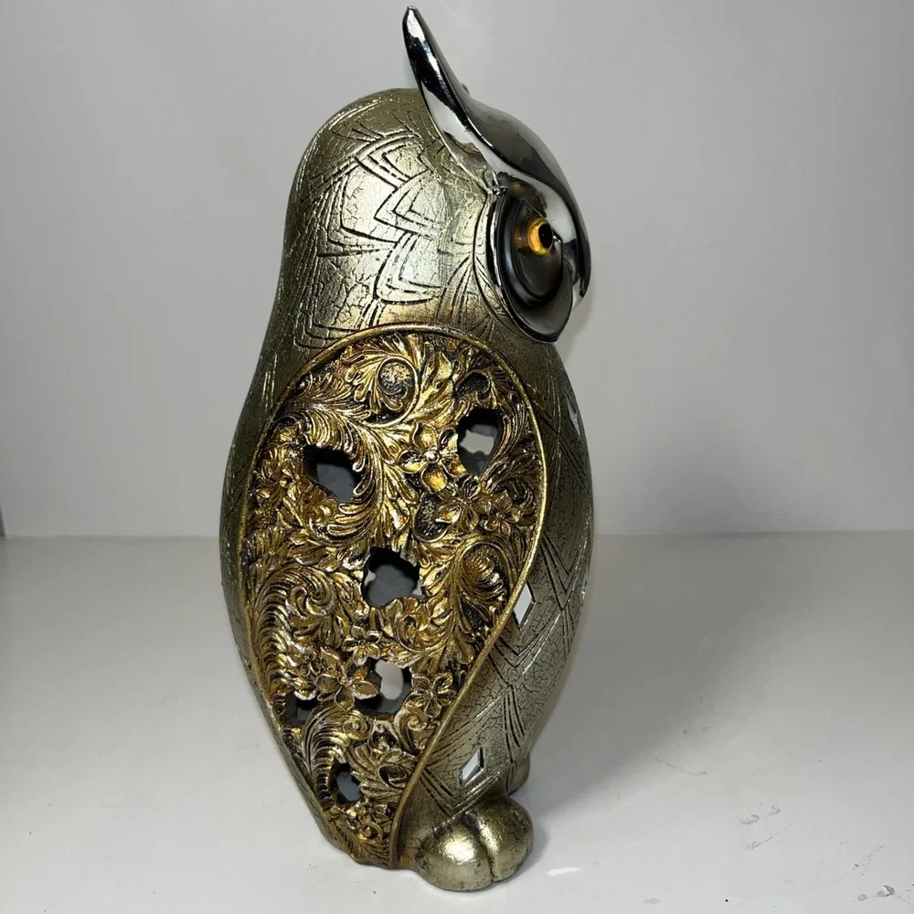 OWL Silver & Gold Accented Tones Resin Owl 9 1/2